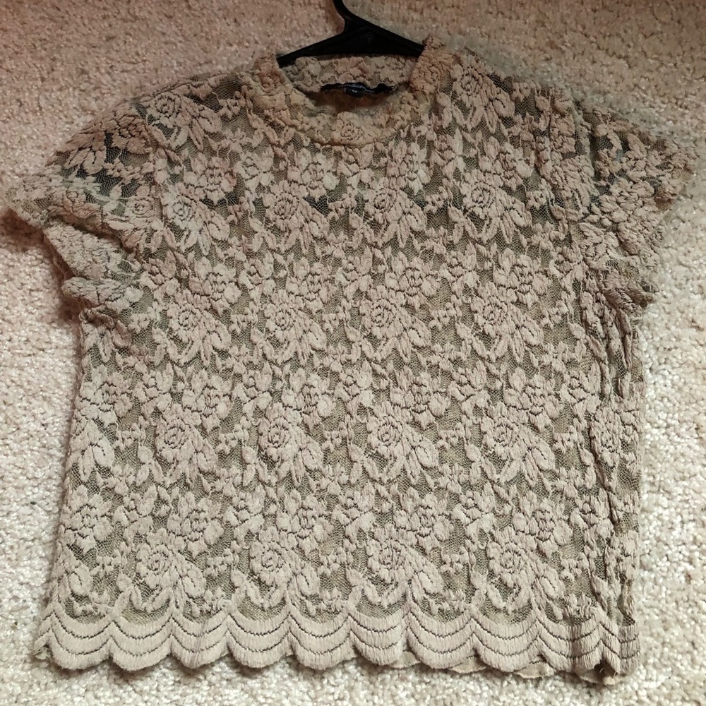 Beige Lace Mock-Neck Crop Top